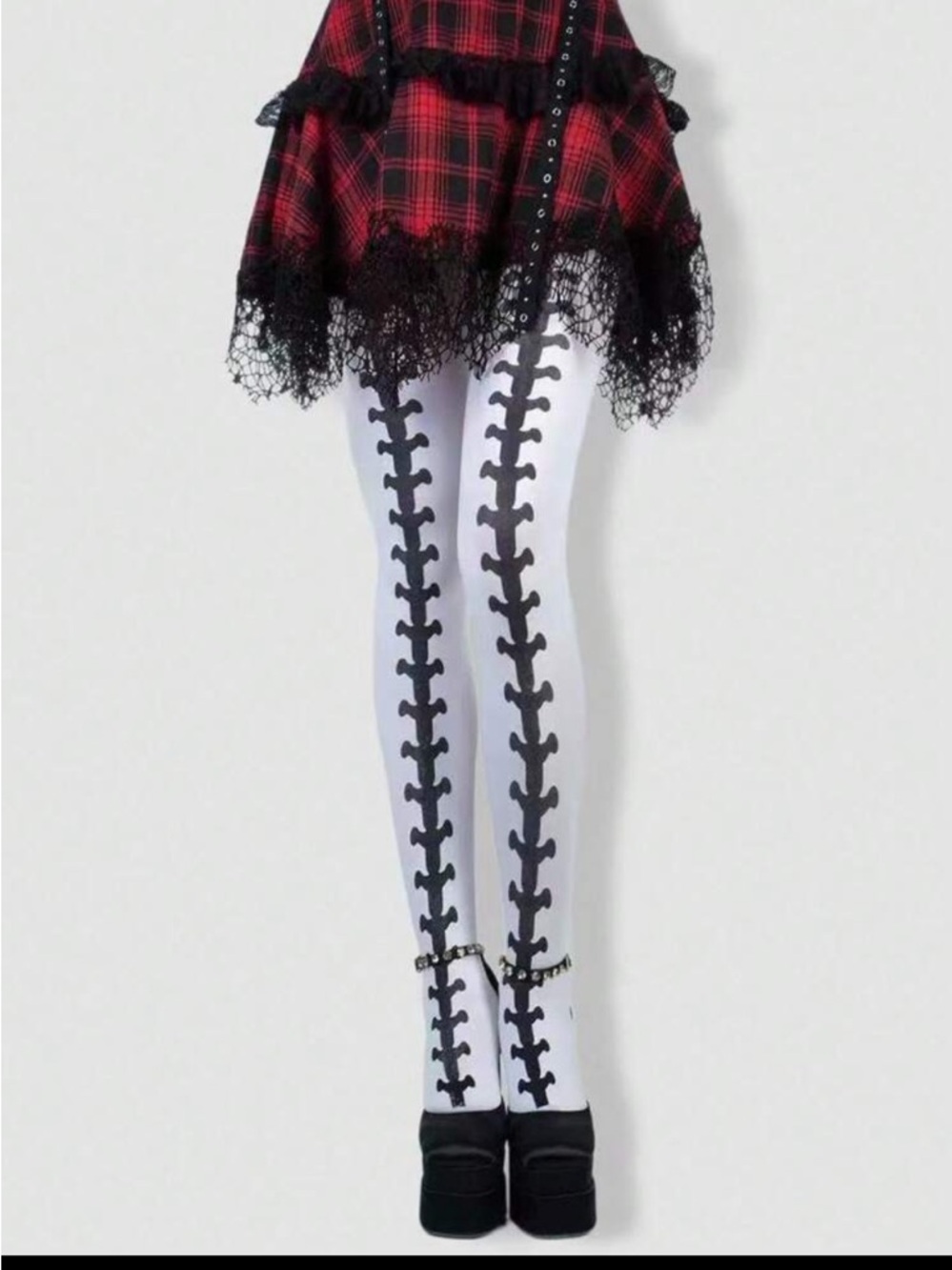 White Tights with Black Lace-Up Back Print